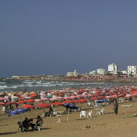 Parasols op een zandstrand